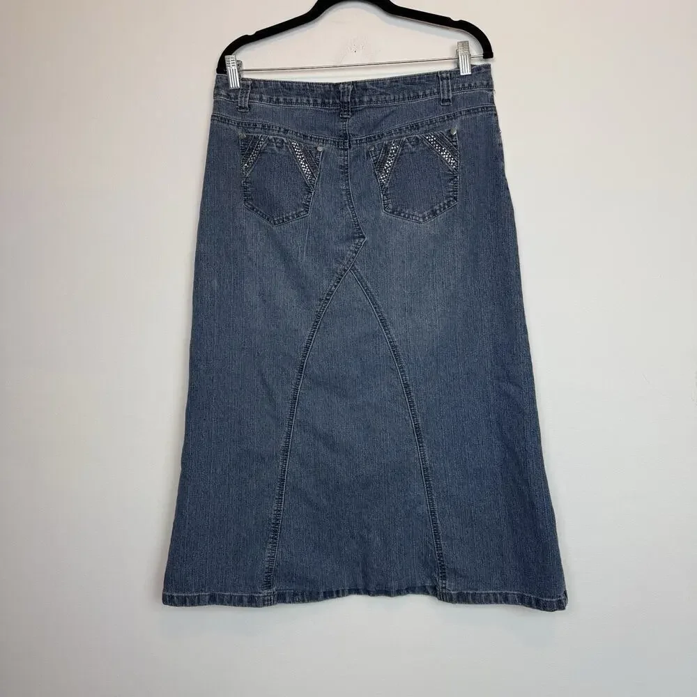 Vintage Cato y2k denim midi skirt studded embellishements sz 12 rocker grunge